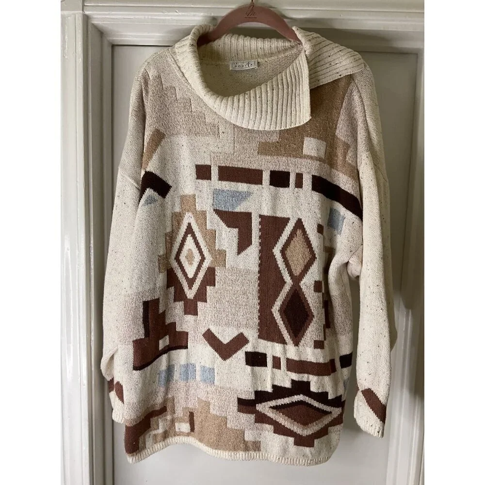 Bonita Vintage 90s Aztec Southwest Print Cowl Neck Knit Sweater Boho Grunge L